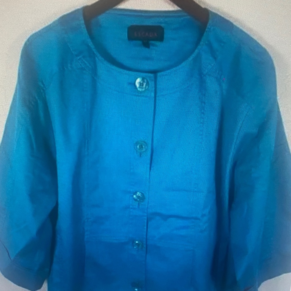 Escada Jacket Womens 44 Teal Collarless 3/4 Sleeve Button Front Boxy Cropped